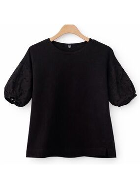 Uniqlo Black Eyelet Lace Puff Sleeve Top Size Small